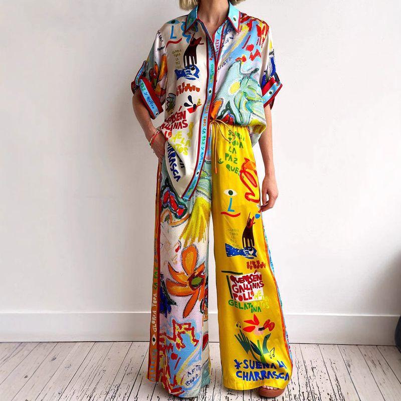 

European and American Fashion Cool Print Short Sleeve Color Matching Travel Outfit Tether Suit Color S