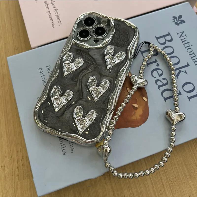 Electroplated Pleated Love Mobile Phone Case for Apple 17 Promax Portable Rope for IPhone 16 Epoxy Silicone Anti-fall