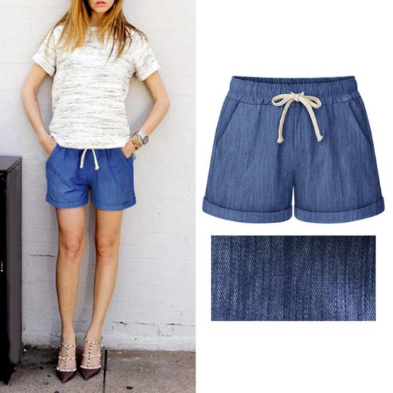 Plus Size Casual Women Summer Solid Color Drawstring Shorts Loose Hot Pants