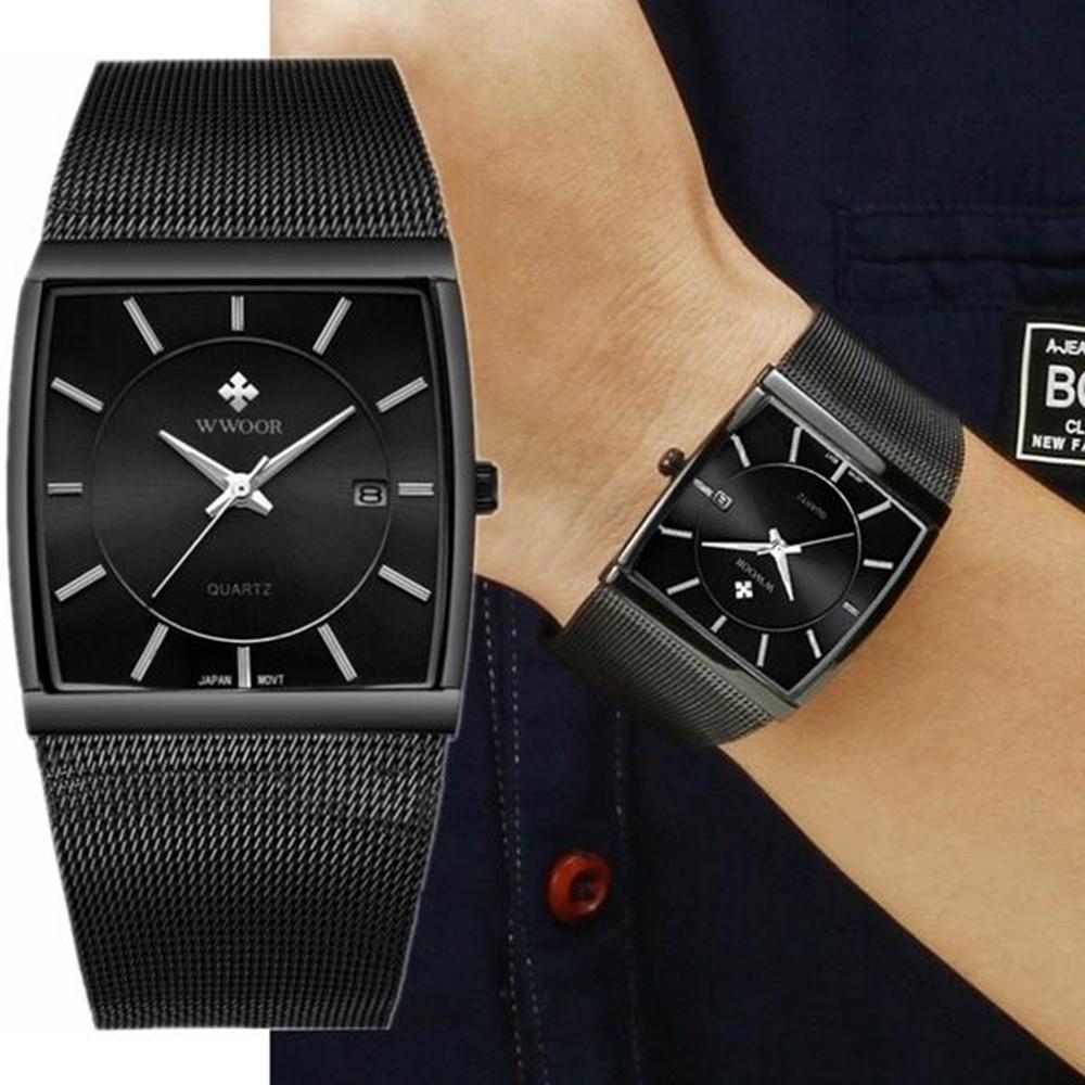 Top Brand WWOOR Quartz Watch Men Square Waterproof Business Men's Watches Luxury Black Steel Strap Sport Wrist Watch