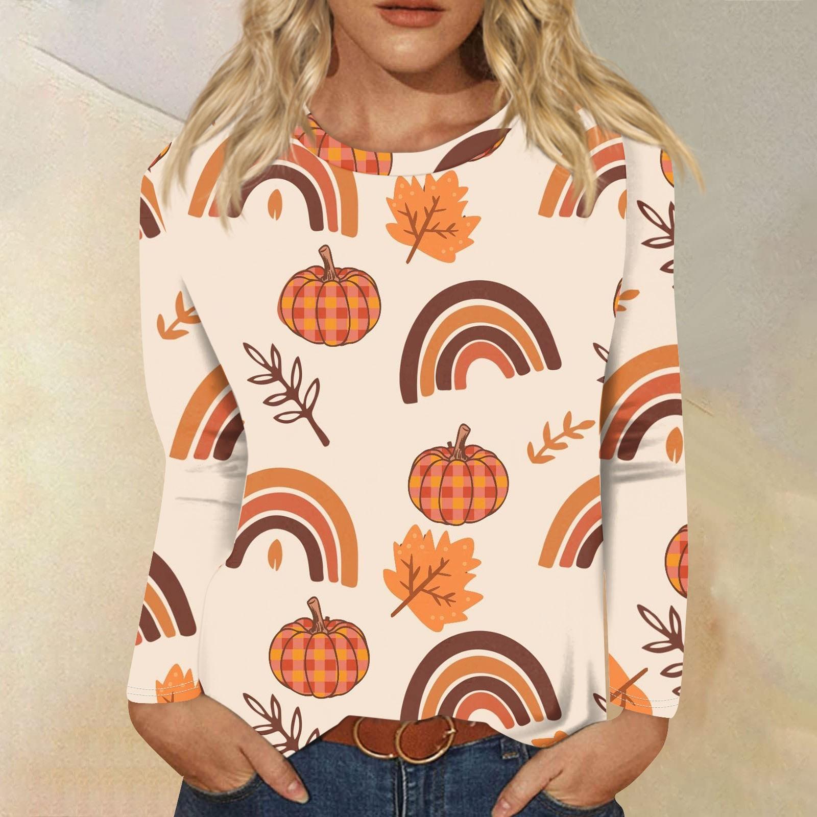 

Женская мода повседневная с длинным рукавом и принтом в честь Дня благодарения с круглым вырезом свободный топ M розовый