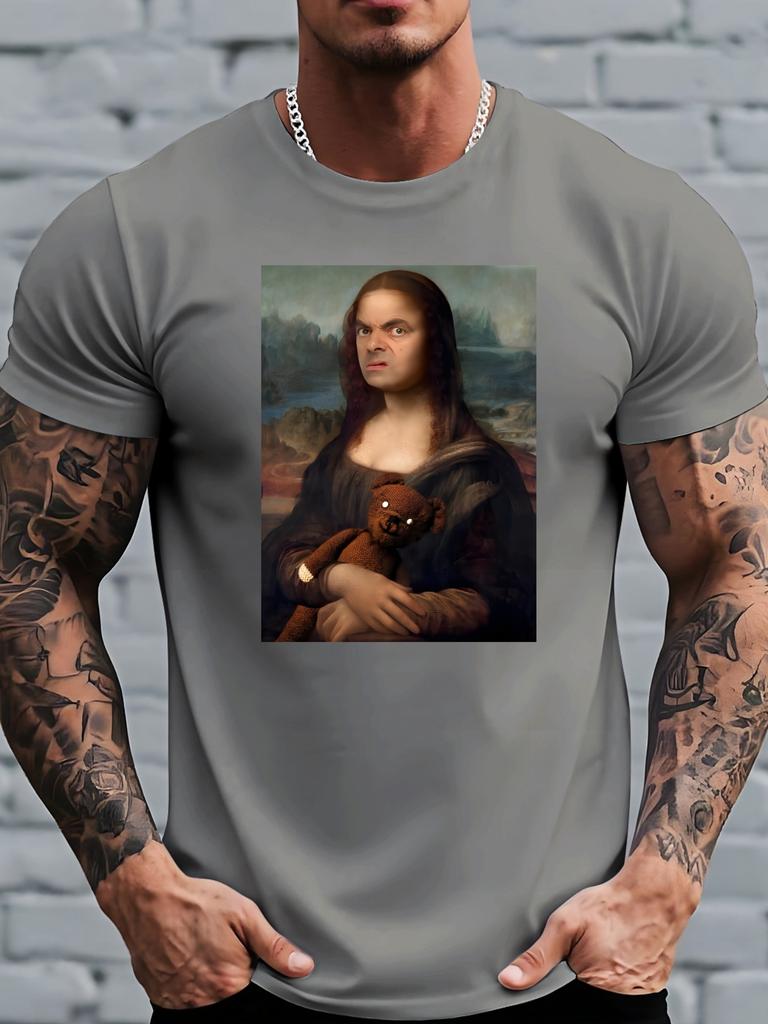 Divertente Parodia della Gioconda Mr Bean Orsacchiotto T-shirt Grafica Unisex in Cotone a Maniche Corte Casual Street T-shirt Per Adulto Uomo Amanti dell'Umorismo