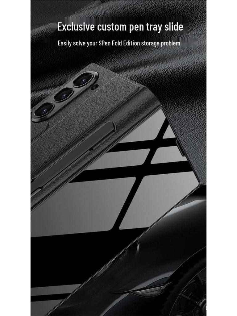 Samsung Z Fold 6 Leather Flip Case with Pen Slot and Glass Cover – Stylish and Business-Friendly.