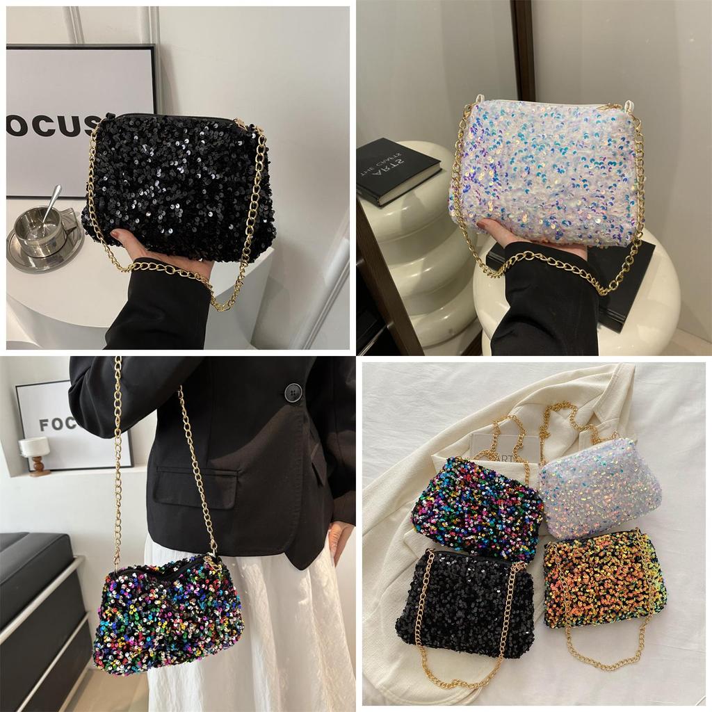 Black And White Sparkly Underarm Bag Women 2024 New Spring Nightclub Chain Small Square Bag Street Fashion
