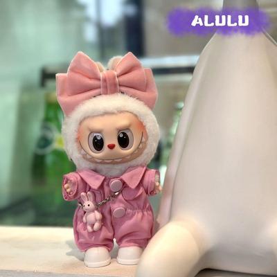 Cute Labubu Rabbit Doll Clothes Set with Pink Bow - Fits 1st, 2nd, 3rd Gen Dolls, 17cm Sitting Party Overalls