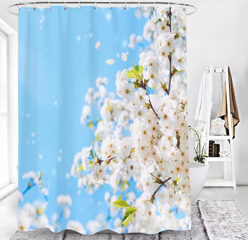 Pink Cherry Blossom Shower Curtain, Japanese Sakura Floral Shower Curtain Set, Plant Flower Cherry Shower Curtains For Bathroom