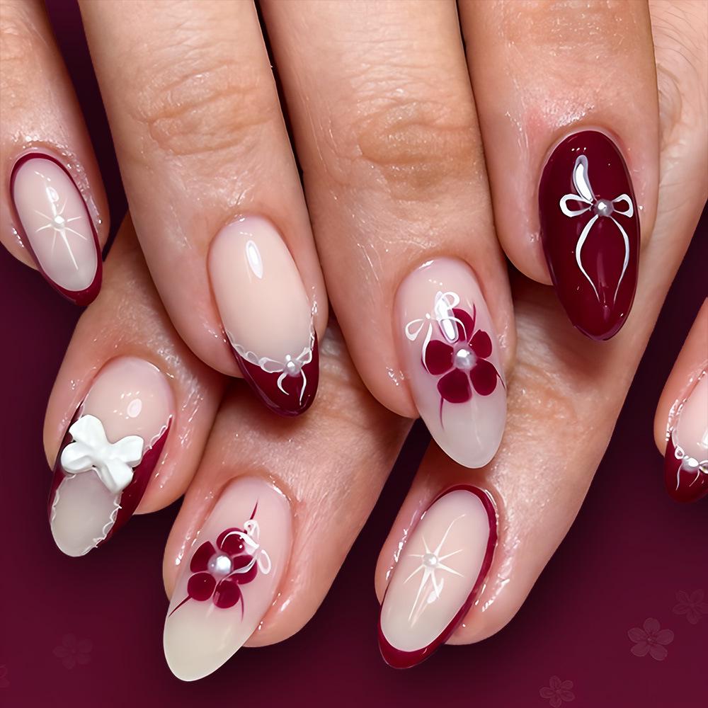Almond Glossy Spring/Summer Bow Flower 3D Pearl Rhinestone Press-On Nails