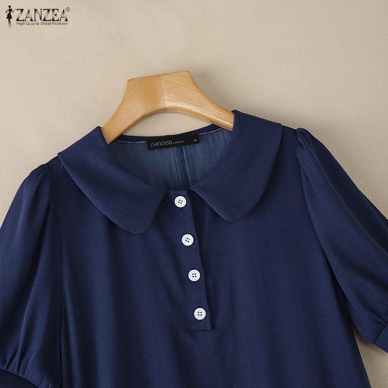 ZANZEA Women Elegant Doll Collar Solid Color Casual Short Sleeve Dress