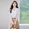 TeloMan Women's V-Neck Short-Sleeve Blouse with Tie-Neck Design