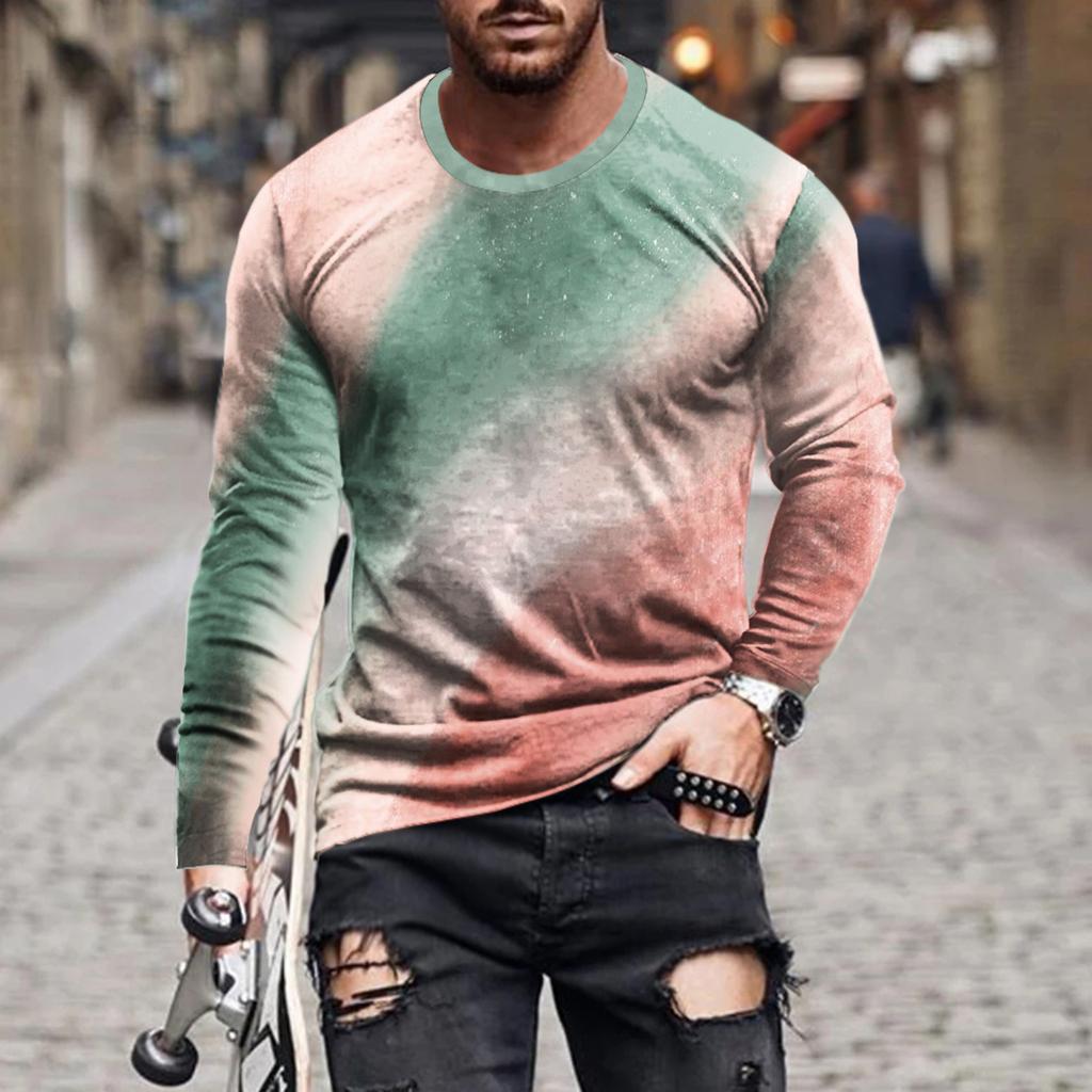 Vintage Enkel Enfärgad 3d-tryck Sommar Herr Rundhals T-shirt Ledig Långärmad Oversize Pullover Mode Herrkläder