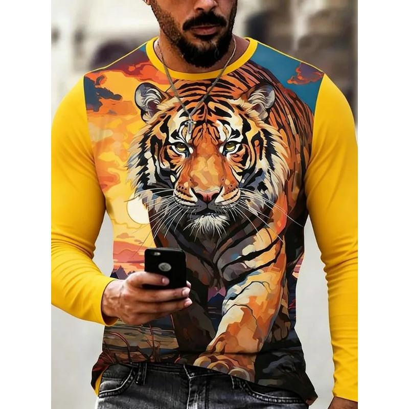 Autumn and Winter Men's Animal 3D Printed Crew Neck Long Sleeve T-Shirt