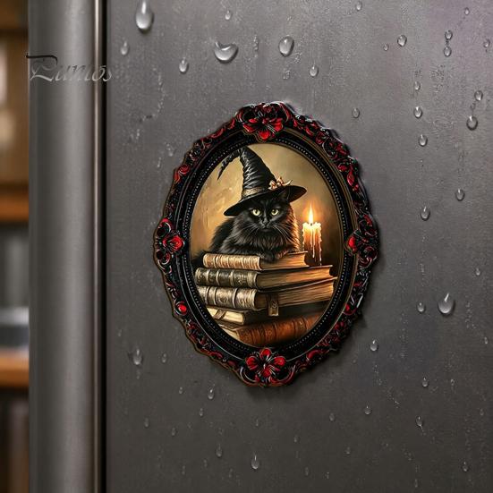 Dark Academia Home Accessories Halloween Wooden Refrigerator Magnet, Vintage Gothic Fridge Magnets, Oval Frame Decorative Metal Surface Magnets