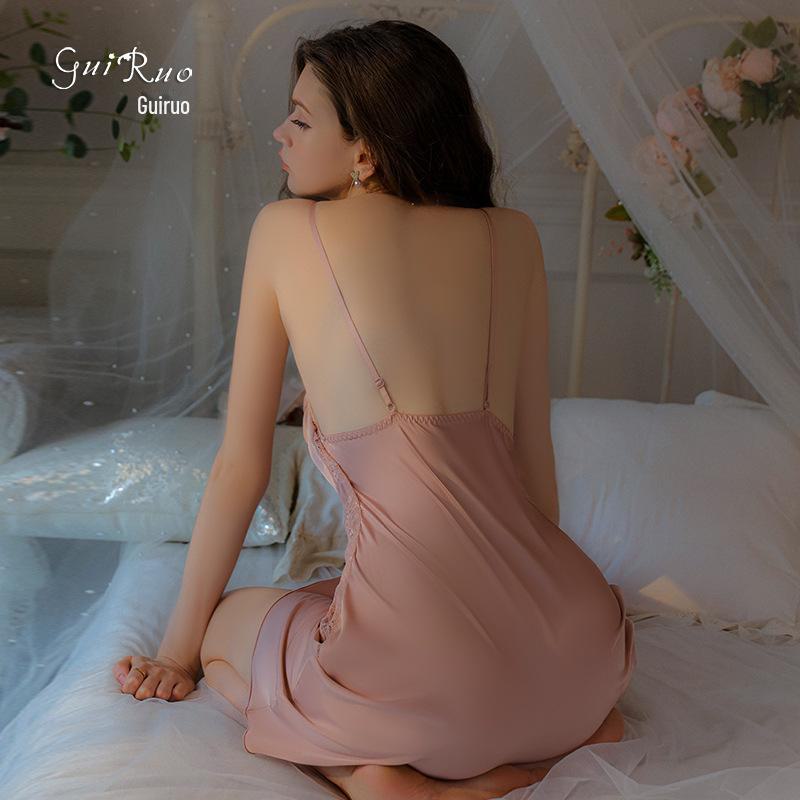 DZ Rose Satin Lace See-Through Deep V Suspender Skirt with Outer Robe Home Set