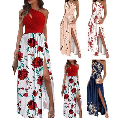 Printed Long Dress Women High Waist A-Line Dress with Sloped Neckline Elegant Flowy Split