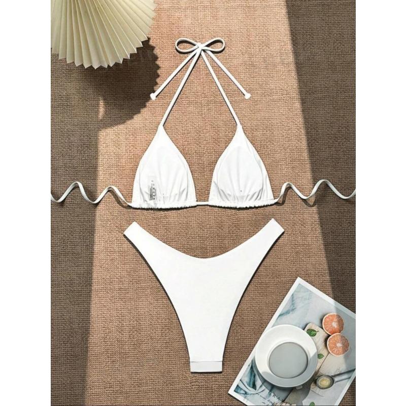 2025 Women White Bikini Chest Padded New Sexy Halter Bikini Two-Piece Set with Drawstring Straps Solid Brazilian Bathing Suit