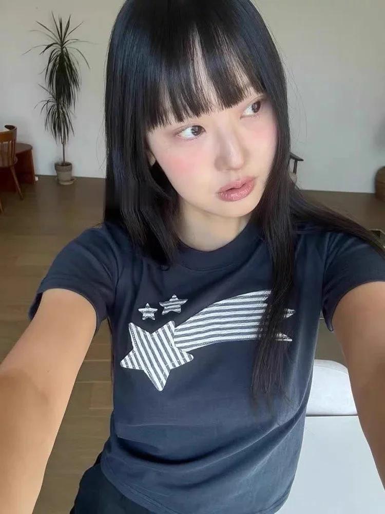 

Летняя футболка с принтом падающей звезды в полоску для женщин, дизайн с коротким рукавом, трендовый топ с круглым вырезом для горячей девушки, женская одежда, винтаж S