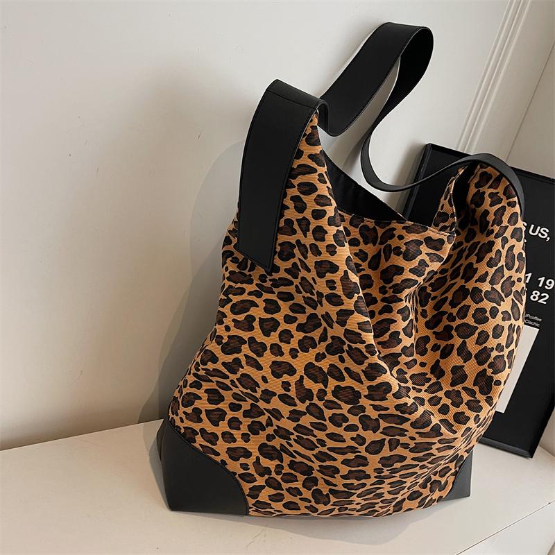 Leopard Print Large Capacity Tote Bag Women's Vintage Canvas Shoulder Crossbody Bag