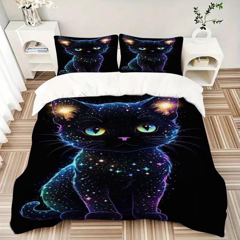 3pcs Galaxy Cat Bedding Set - Includes One Quilt Cover and Two Pillowcases (No Core) - Home Decor, Festival Gift, Polyester Fabric, Anime Ca