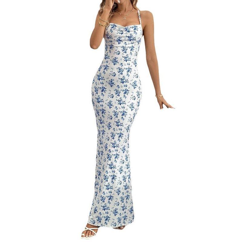 Halter Backless Floral Dress Sweet Fresh Sling Open Back Floral Vacation Style Dress