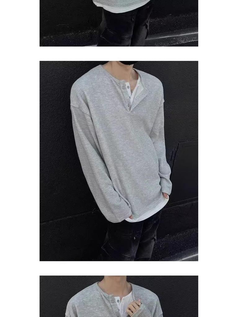 Men's Autumn Korean Style Slim-Fit Henley Long-Sleeve T-Shirt