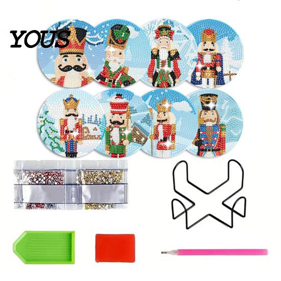 Faux Diamond Art Crafts Coasters Kit, 8 Christmas Round DIY Kit Craft Activities for Family with Holder, Wooden Heat Insulation Pads Drinks