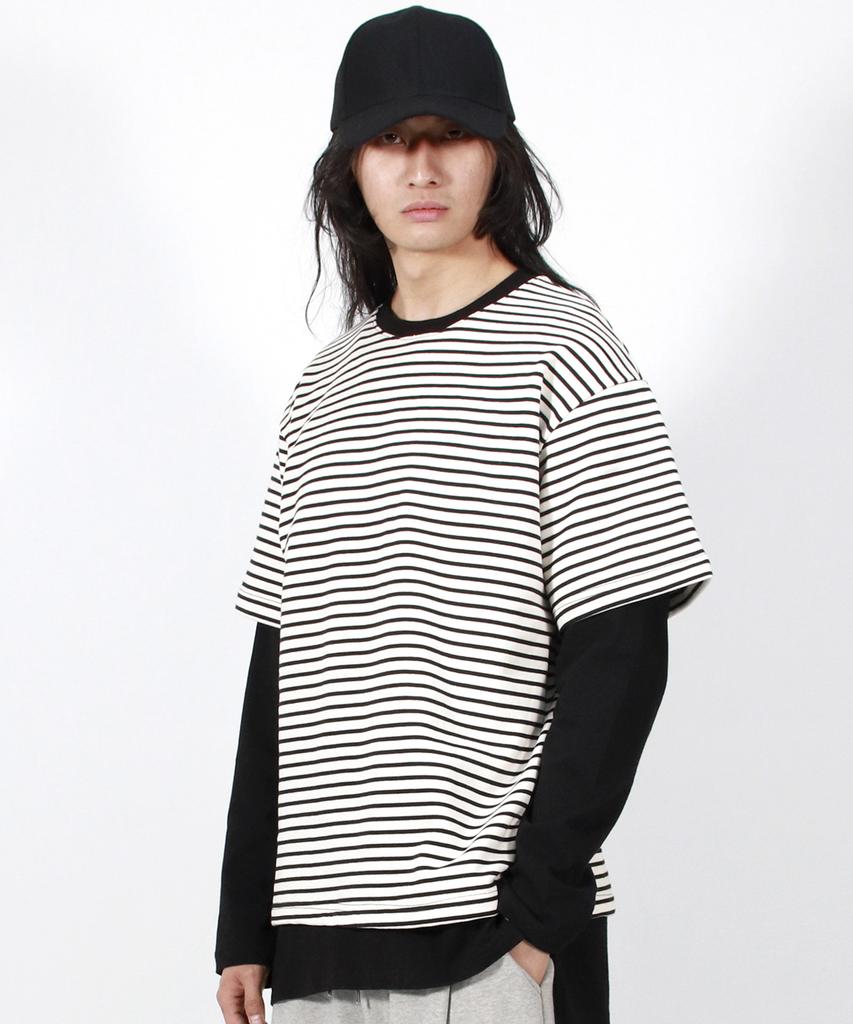 Deumakeu M Layered Sleeve Boxy Fit Crew Neck T-Shirt Stripe-Ivory
