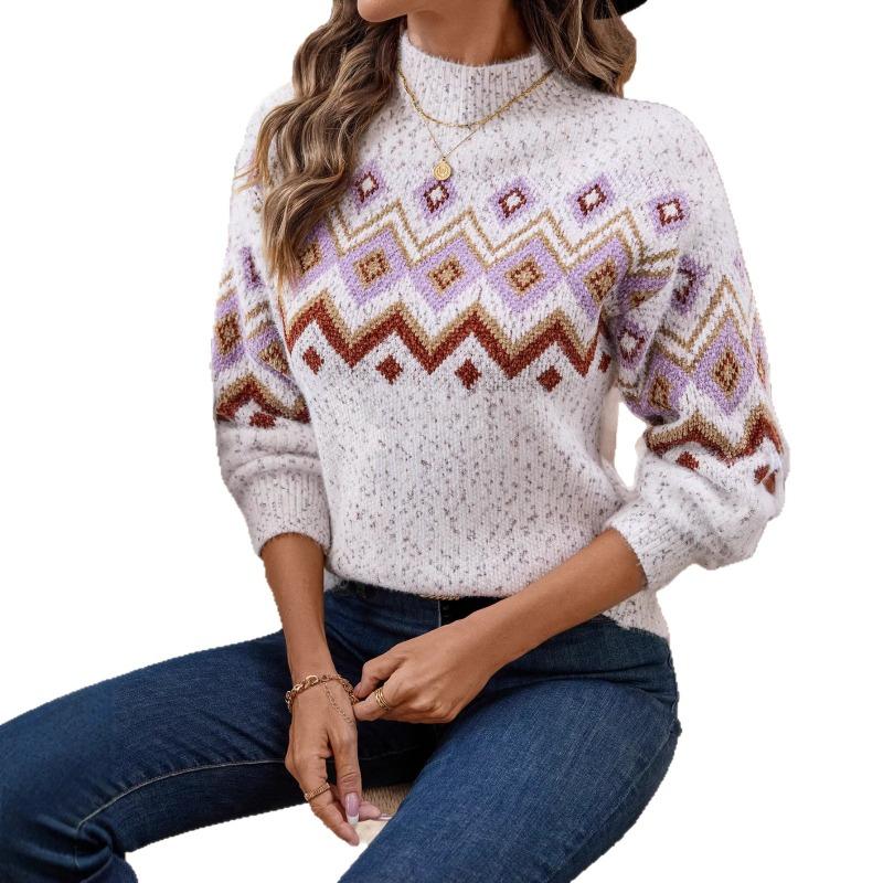 Women S Half High Neck Long Sleeve Knit Sweater Loose Fit Casual Winter