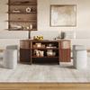 Oval storage coffee table with vertical fluted panelling, set with fabric stools, body made of particleboard+MDF, metal handles, with sliding doors