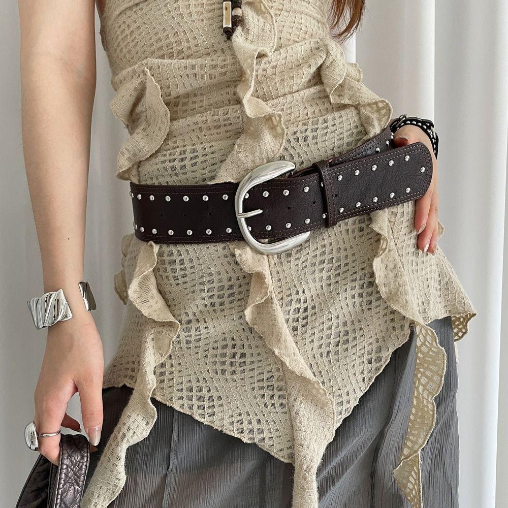 Vintage Women Rivet Belt Y2k Punk Style Belt Adjustable Wide Leather Waistband  Spicy Girls