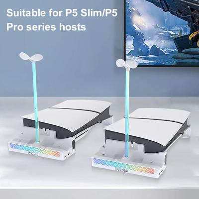 Soporte Horizontal de Consola RGB con Estación de Ventilador de Refrigeración para PS5 PRO/Slim Bastidor de Carga para Doble Mando Soporte para Auriculares de Consola