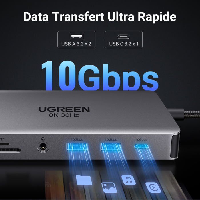 Station d'accueil USB C - UGREEN - 15965 - 11 en 1 - 2 ports HDMI 8K/4K - 100W PD - RJ45 Gigabit