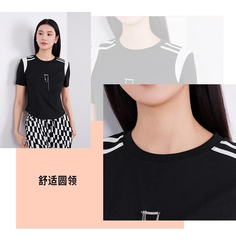 Round neck T-shirt for women, elegant summer short sleeved shirt, contrasting color top