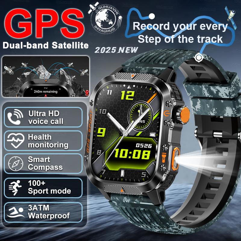 2026 Yeni Askeri Erkek Dahili GPS Akıllı Saat Pusula Altimetre 3ATM Su Geçirmez Bluetooth Çağrı Kalp Atış Hızı Spor Fitness Akıllı Saat