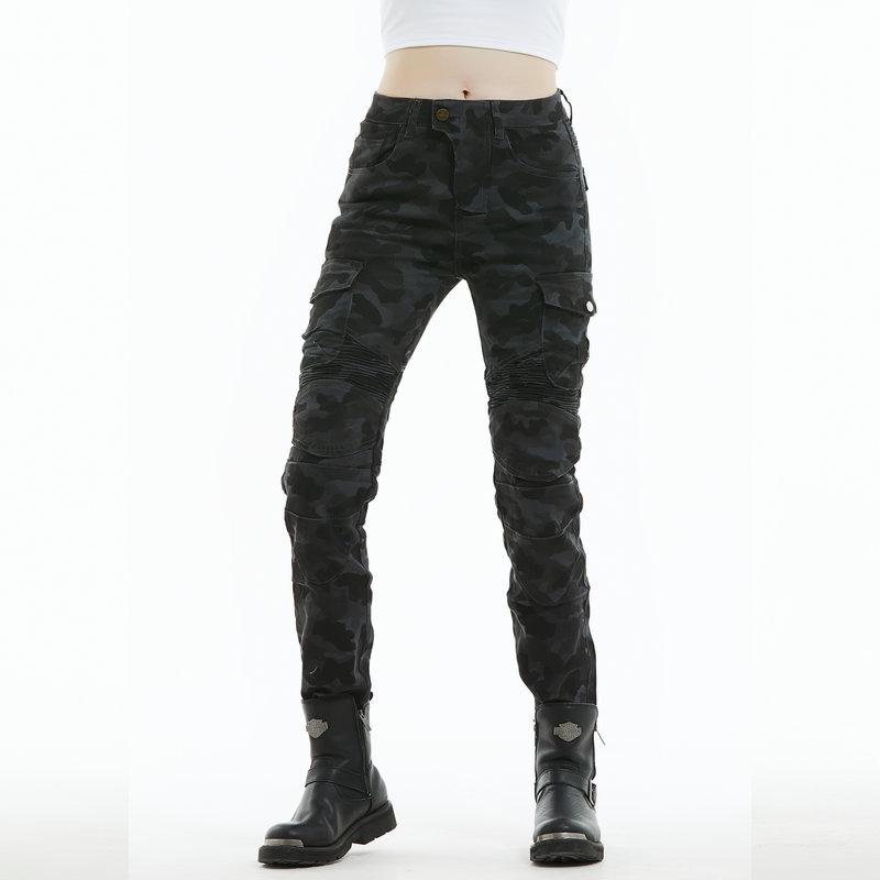 Pantalones de montar para mujer elásticos anti-caída, mono azul camuflaje multi-bolsillos para motocicleta, equipo de protección de silicona