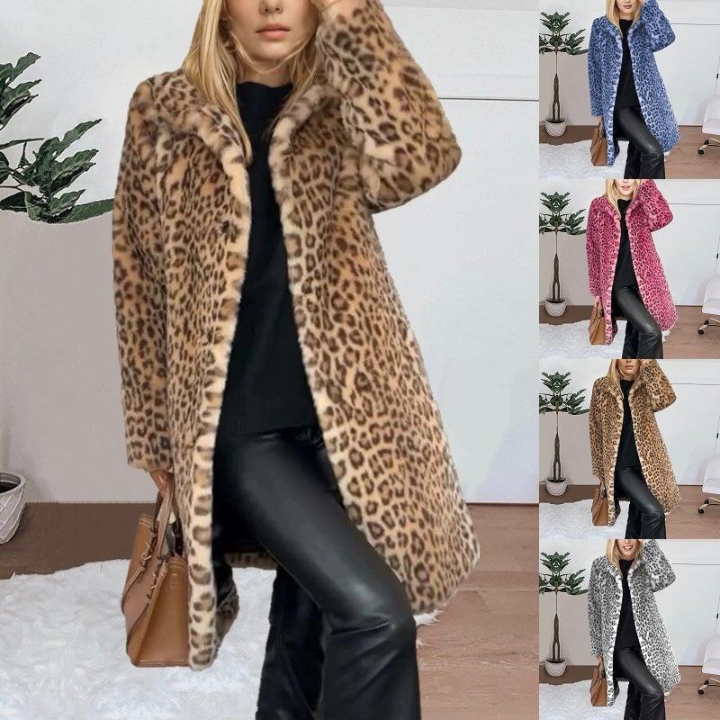 Damen S Kunstpelz Leo-Print Mittellanger Dicke Mantel