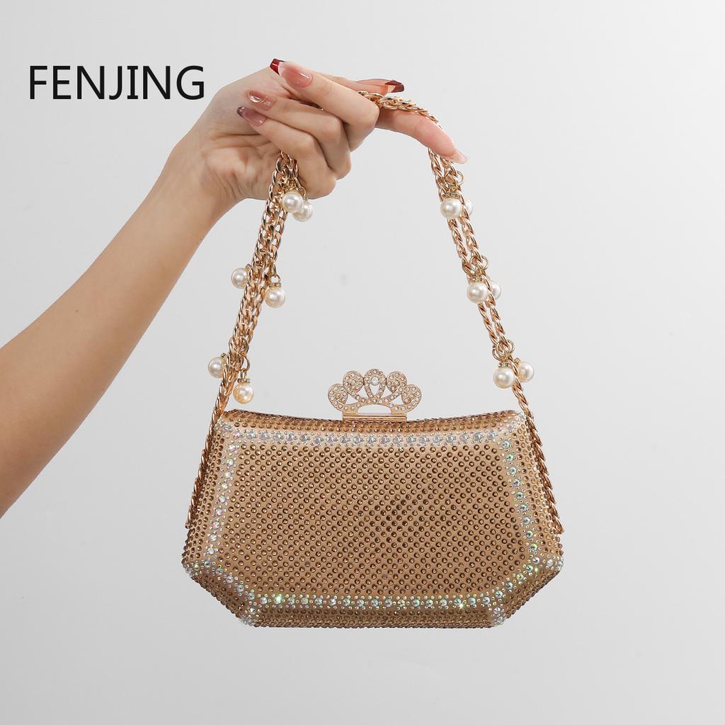 Elegant Evening Clutch Sparkling Diamonds Chain Handbags Banquet Bag Rhinestone Handle Glitter Small Square Shoulder Bag Party