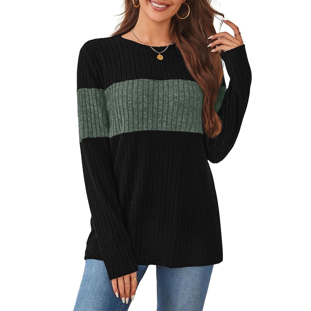 Women's Sweater Fashion Ribbed Color Block Top Long Sleeve Round Neck T-shirt