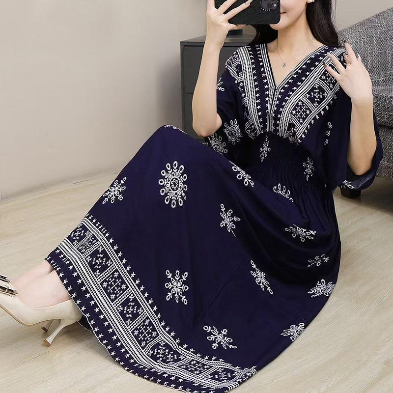 25th Anniversary Ethnic V-Neck Rayon Short Sleeve French-Thai Print Holiday Dress for Women