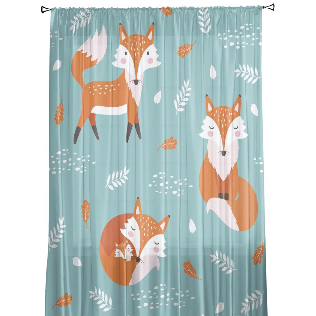 Fox Orange Blue Leaves White Dots Tulle Sheer Window Curtains for Living Room Kitchen Children Bedroom Voile Hanging Curtain