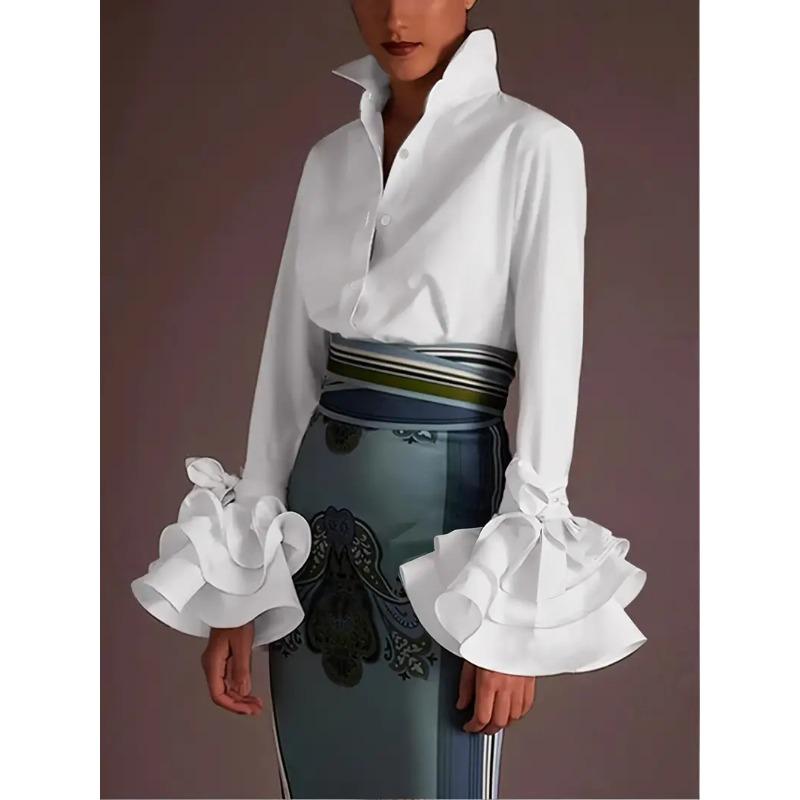 Damenbluse, Frühlingsmode, Rüschenärmel, Weiß, Lässig, Locker, Elegant, Vintage, Slim Fit, Unifarben, Bürobluse, Oberteile