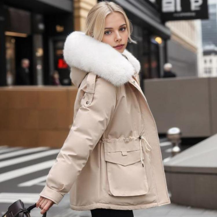 Winter Women Coat Cotton Jacket Furry Hood Thickened Plush Mid Length Long Sleeves Elastic Waist Zipper Closure Pockets