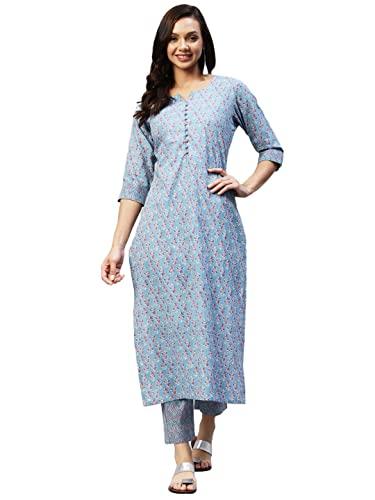 Gosriki Women'S Cotton Blend Straight Printed Kurta With Palazzo (Padwil Blue_3Xl-Go_ Blue_Xxx-Large)