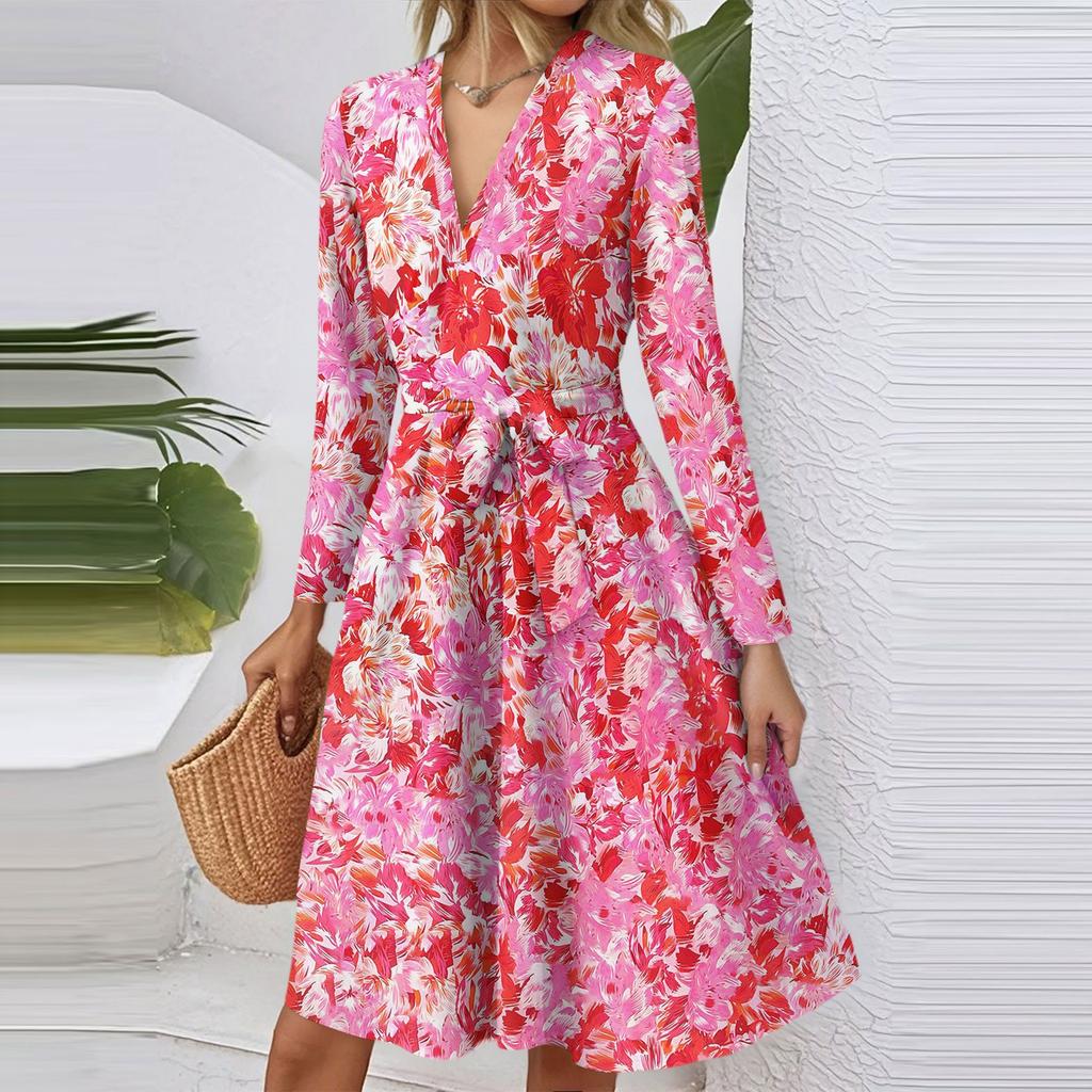 Dámské módní ležérní šaty midi s výstřihem do V, dlouhým rukávem, v pase a s květinovým potiskem