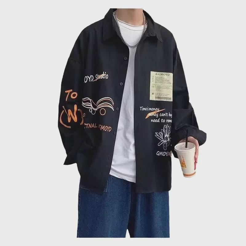 Men's Harajuku Style Fashion Cardigan Jacket: Casual, Handsome, Letter Print Long Sleeve Lapel Shirt