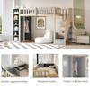 Letto a soppalco multifunzionale 90x200cm con mensole, armadio contenitore e grande armadio, scaletta di sicurezza con vani portaoggetti, colore grigio + legno naturale