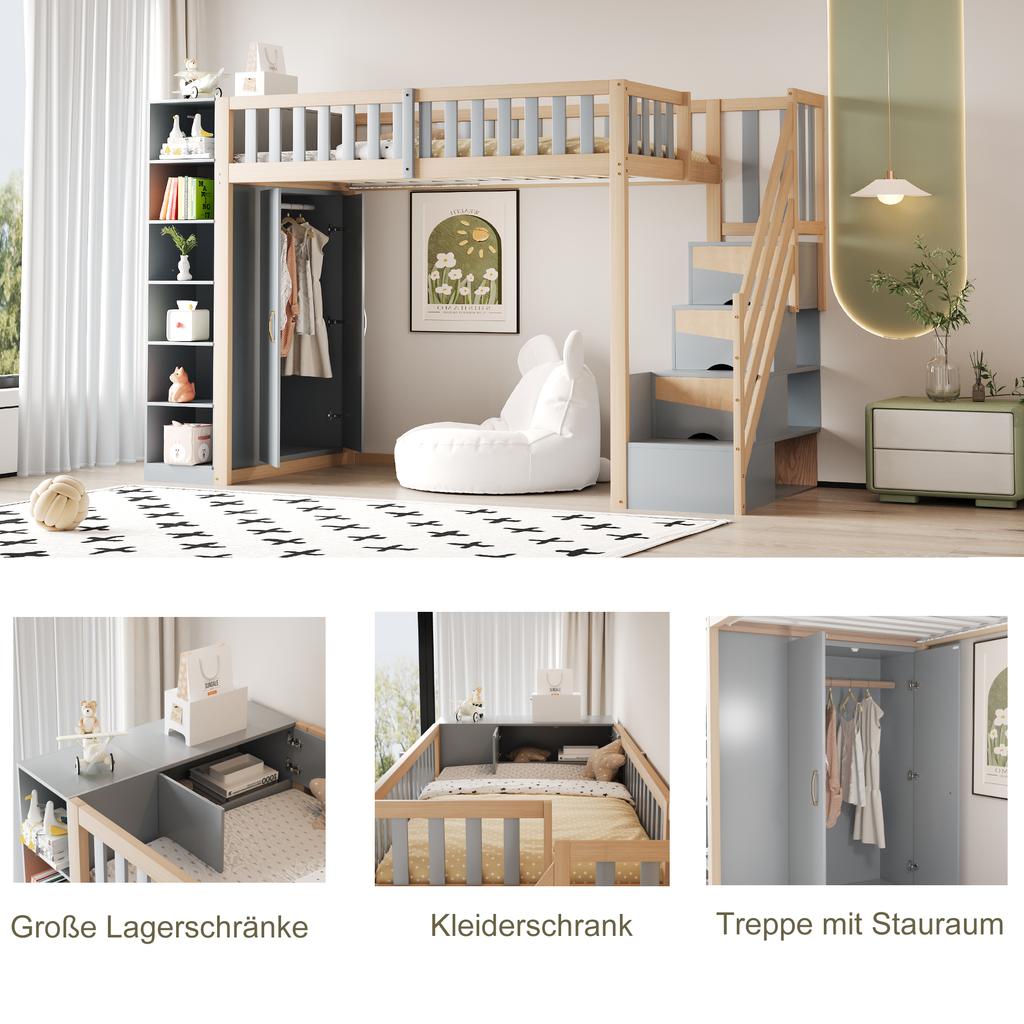 Letto a soppalco multifunzionale 90x200cm con mensole, armadio contenitore e grande armadio, scaletta di sicurezza con vani portaoggetti, colore grigio + legno naturale