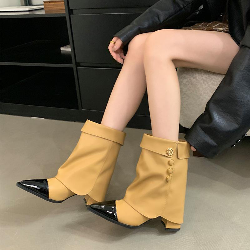 Mi Ting 2025 Autumn Fashion Versatile Coarse Heel Knight Boots Elegant Xiaoxiangfeng Color Matching Short Boots Sleeve Pants Pants Boots Women