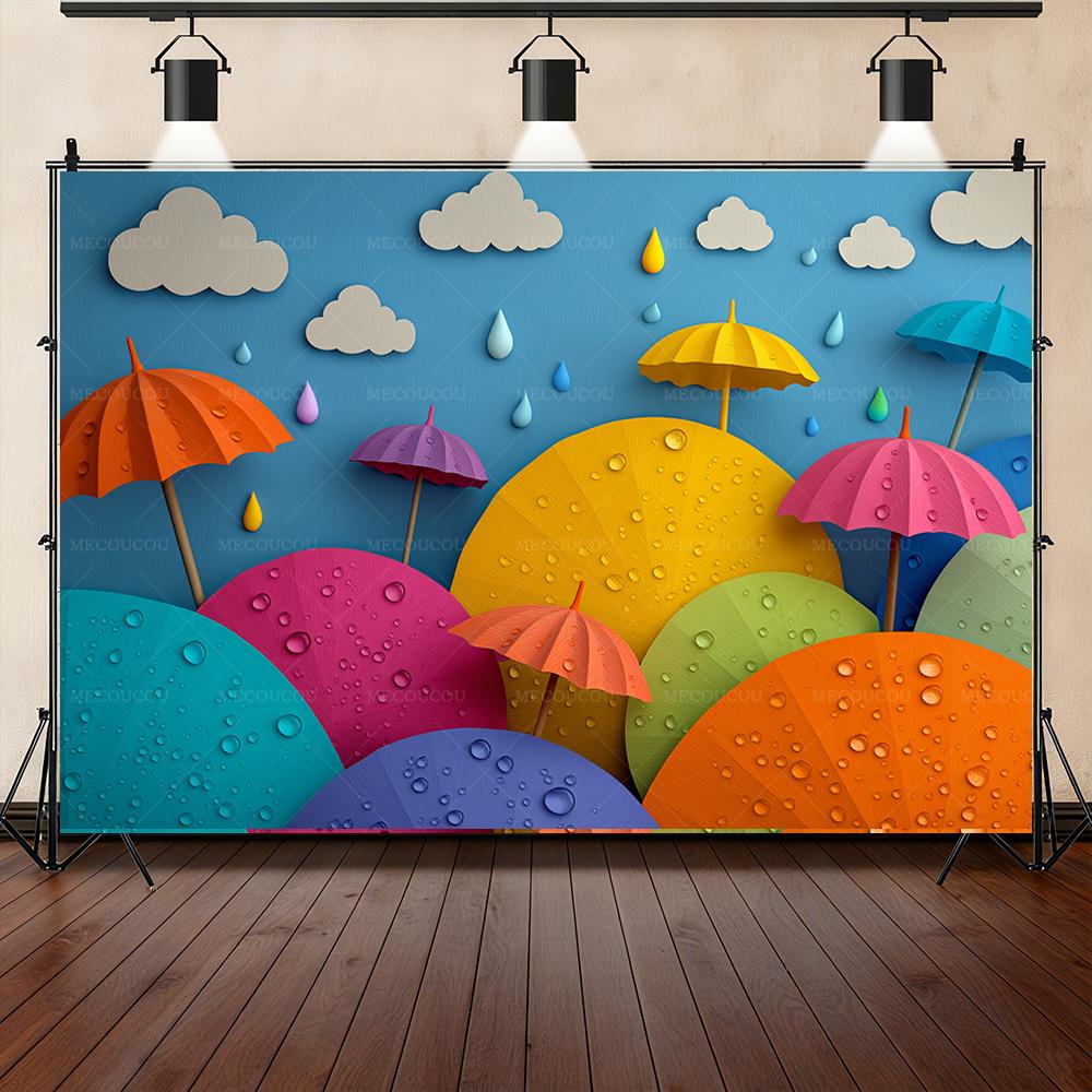 Fondo de banner con tema de gotas de lluvia y paraguas 3D, accesorios para sesión de fotos en estudio, póster de jardín de infantes, accesorios para fiesta de cumpleaños infantil