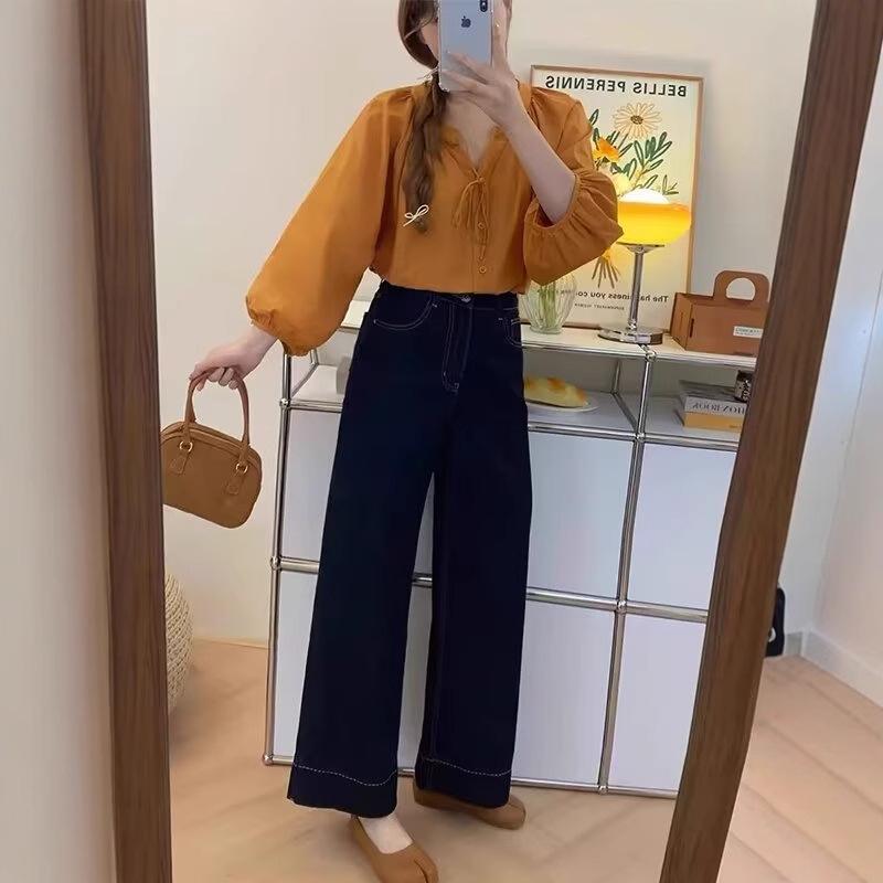 Women's Dark Blue High-Waist Wide-Leg Jeans - Slimming, Loose Fit for Pear-Shaped Bodies