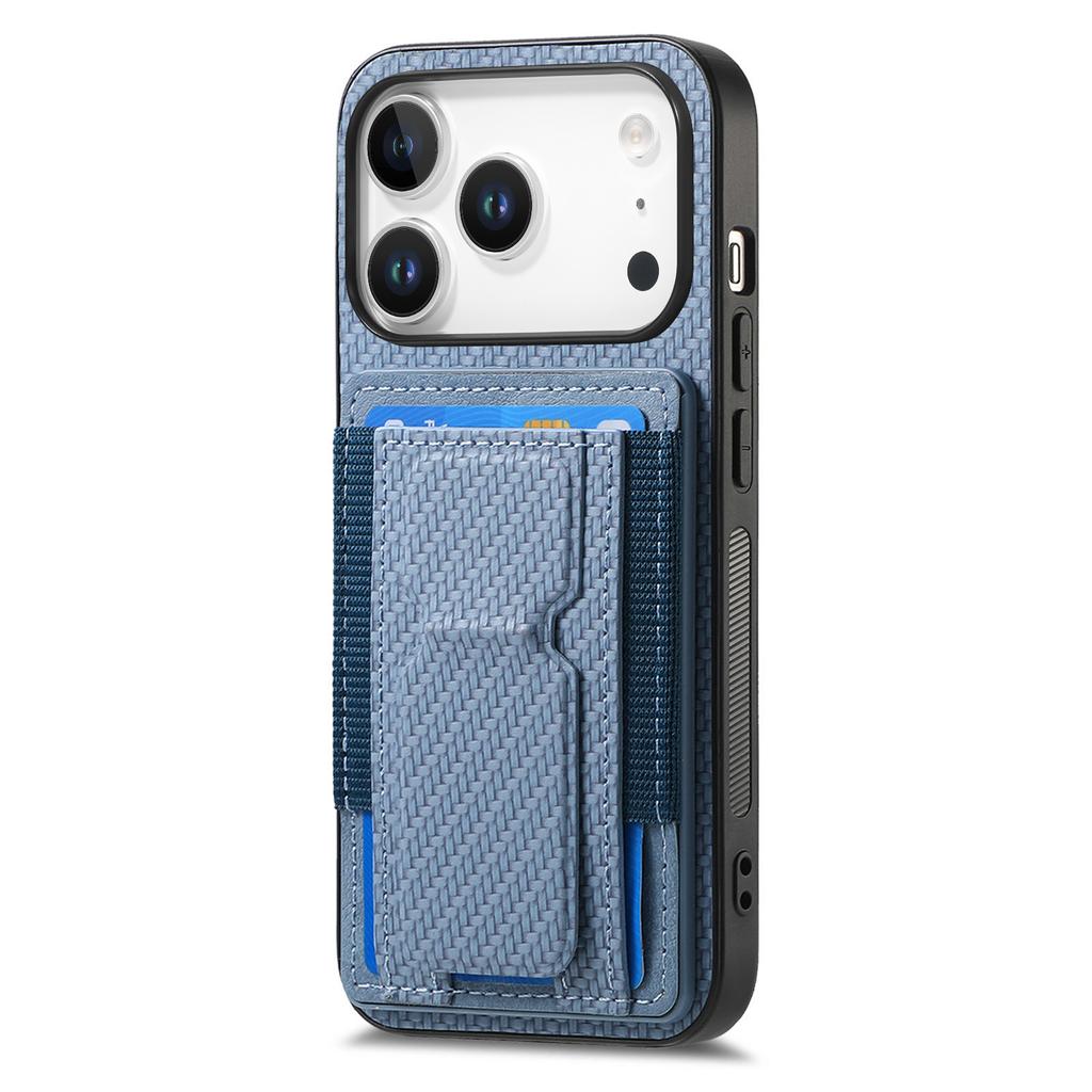 For iPhone 17 Pro Case with Card Holder Kickstand Fiber Pattern Leather Back Cover